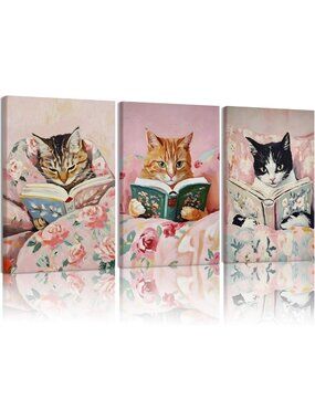 Cute Cat Reading Canvas Wall Art Set - Whimsical Animal Decor for Kids' Room